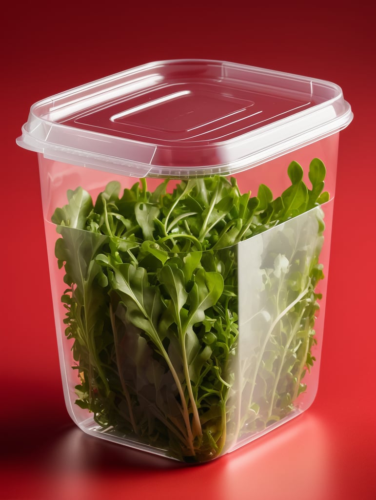 blank Transparent Plastic Container with Arugula Salad, isolated, red background, Mockup, mock up