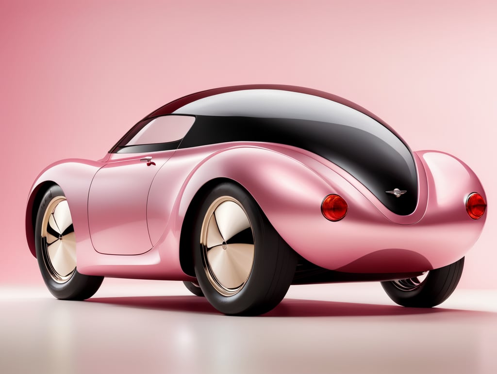 Summer light, design Charlotte Perriand, design philippe starck, art by jacques tati, a concept car futuristic 50'sshinny pink and deep red glossy Shiny, sporty, dynamic lines, chic streamlined bodywork with elegant curves, ceramic, gold posed on a wood socle, in a front of minimalist pasl plain background