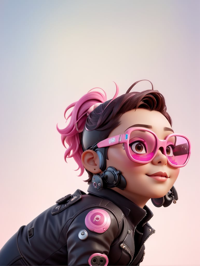 cyborg android, dressed in pink glasses and a leather jacket