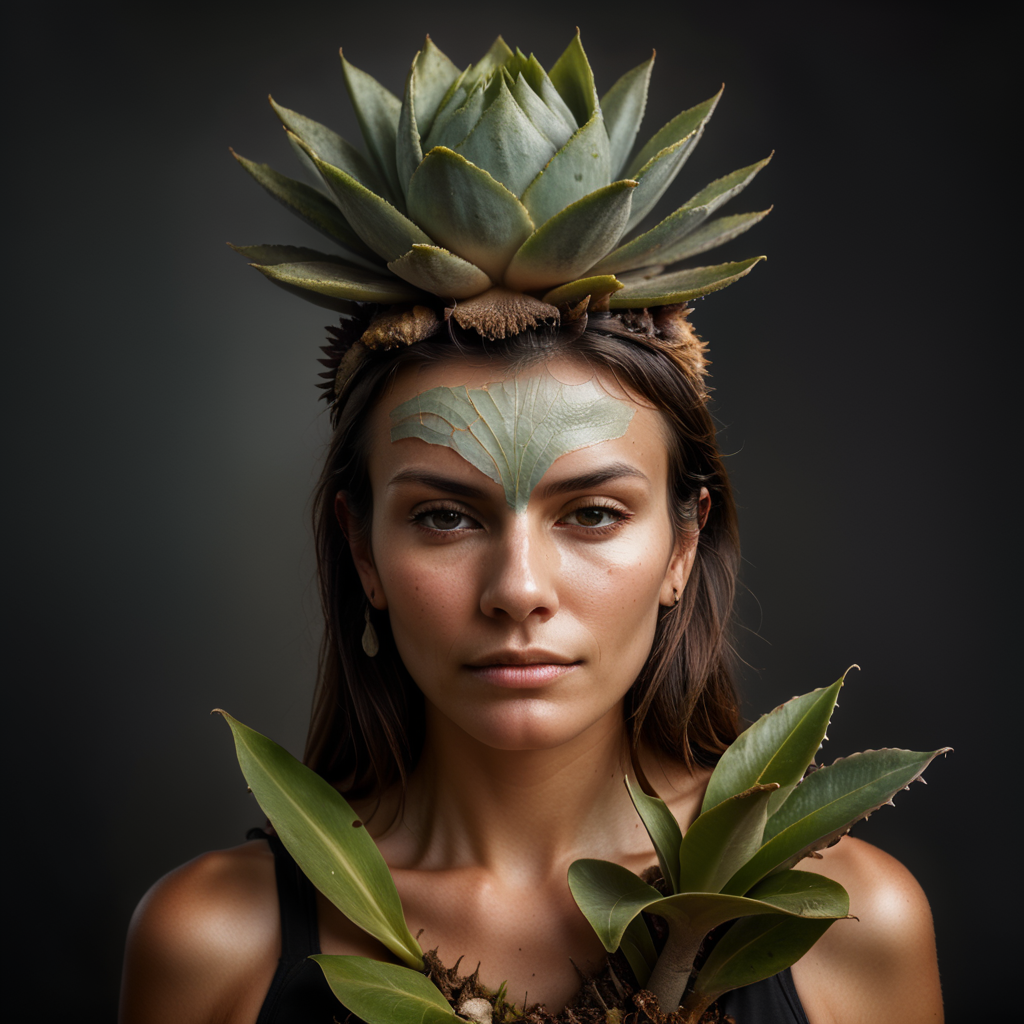 plant woman, agave head, earth skin and mushrooms. real photography,potcoll