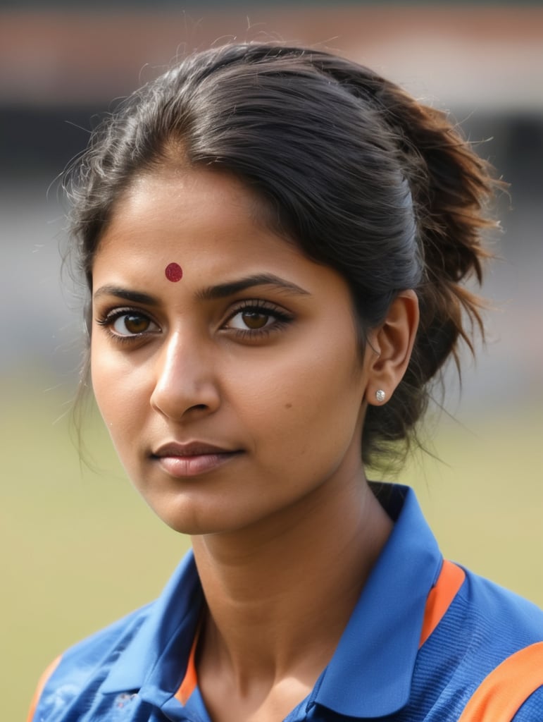 Mitali Raj, Indian cricketer - Abstract form, bold fast patch work colors, full patch colur work technique portrait side face, no make up, natural style of face & hair, no bindi