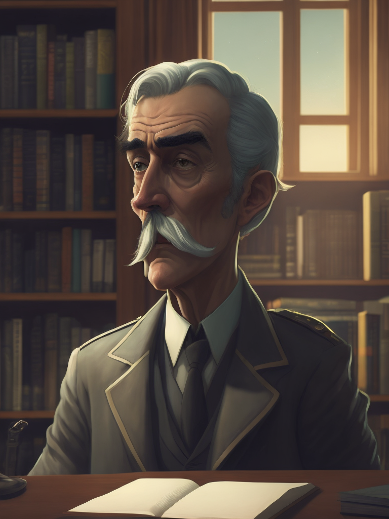 Lovecraftian portrait of a 1920s police detective, gray haired english moustache, bookshelves wide shot, artstation, concept art, illustration, ilya kuvshinov, vintage