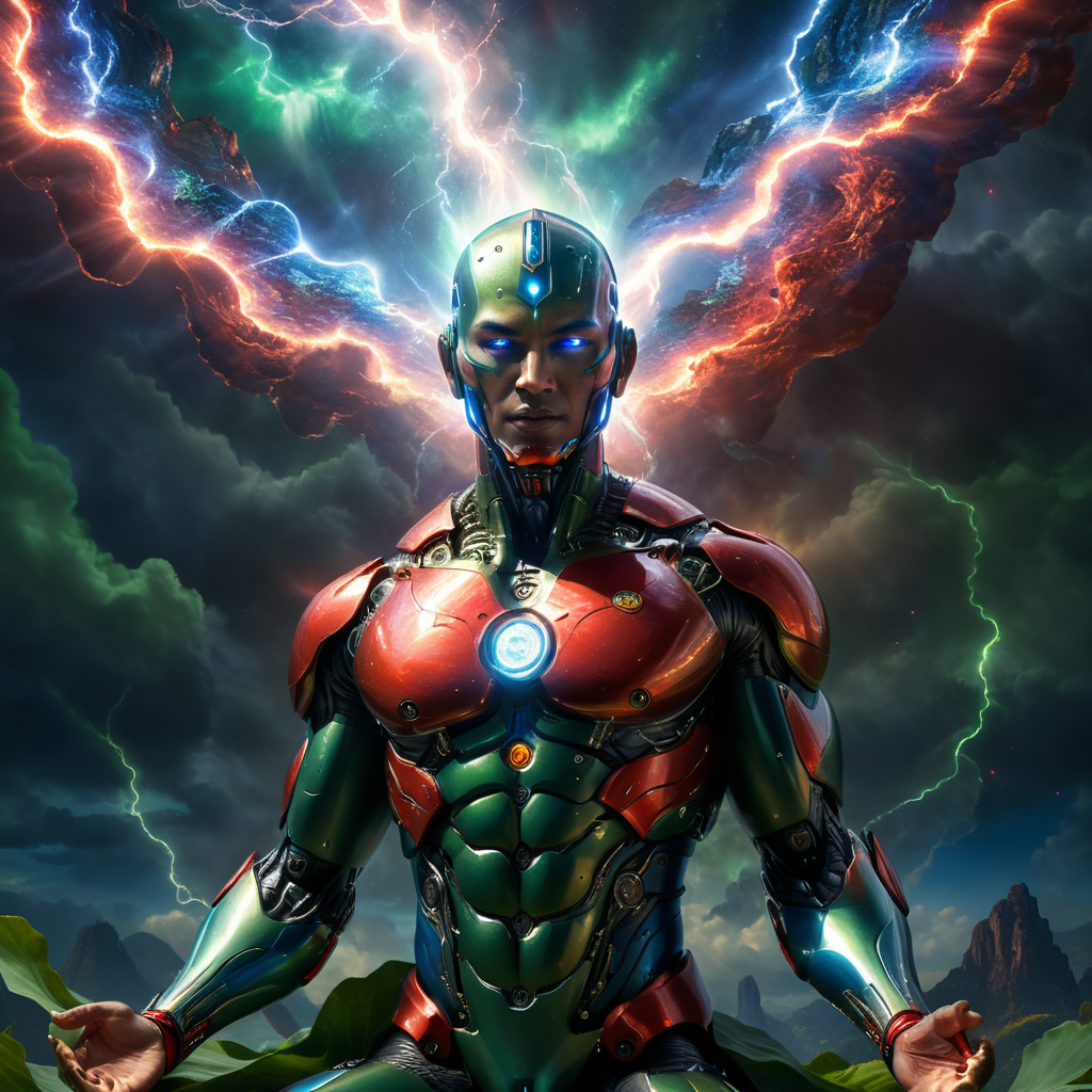 a cyborg write aura baldness being in lotus position air floating sky in to cosmos space green red blue lightning