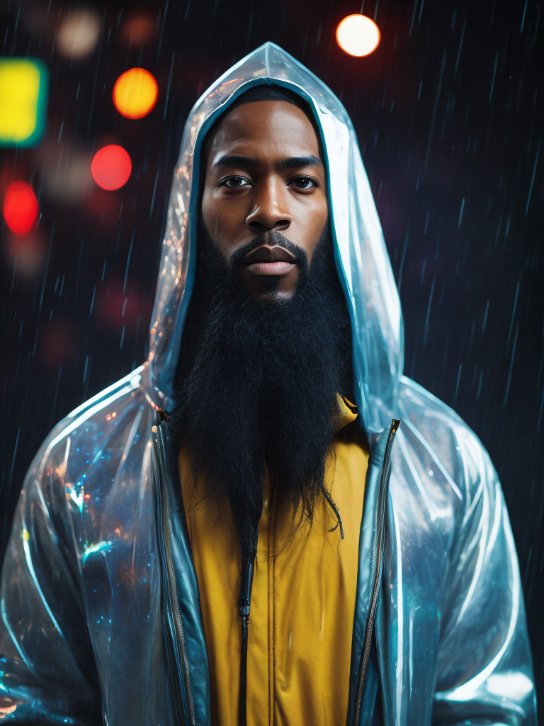 a black man with a long beard wearing ((transparent raincoat)), under the rain, ultra realistic, neon lights