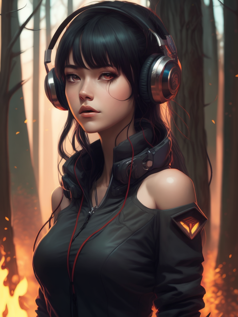 Beautiful girl listening to relaxing music with her headphones that takes her to a surreal forest, art by ilya kuvshinov and wlop, intricate, sharp focus, trending on artstation