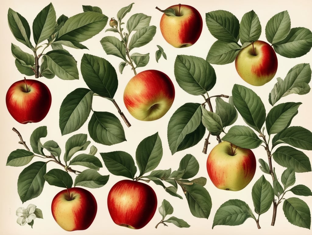 Botanical print. apples with leaves