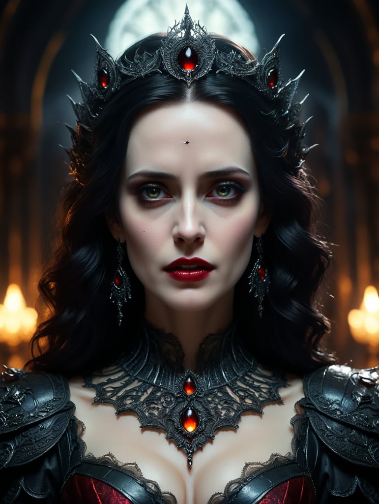 Vampire Queen, backlit, intricate details, highly detailed, slate atmosphere, cinematic, dimmed colors, dark shot, muted colors, film grain, lut, spooky, depth blur, blurry background dof, bokeh, realistic, realistic skin, Eva Green