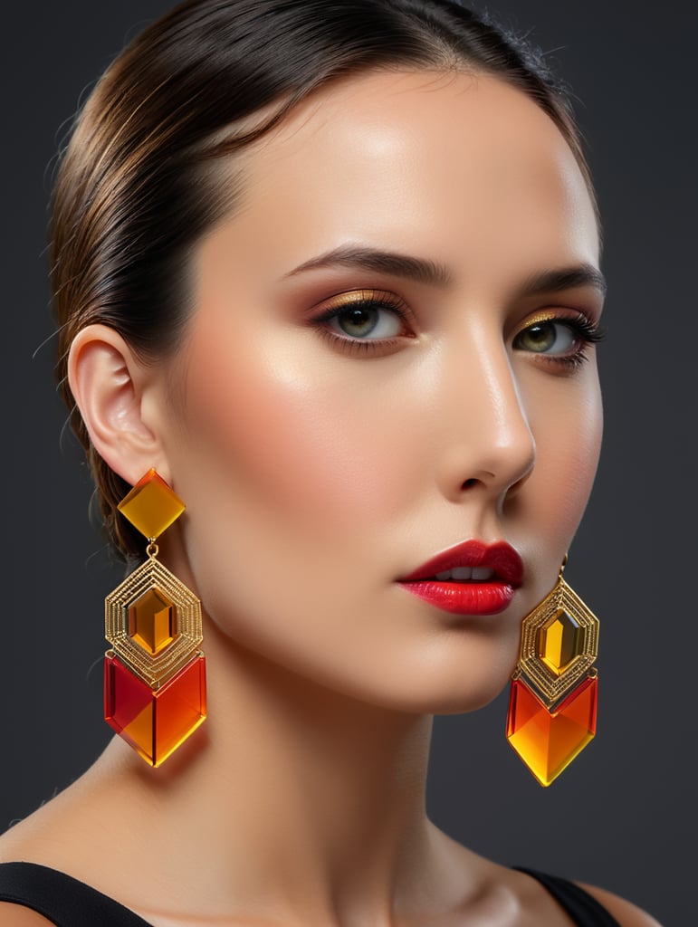 Minimalist earrings of vibrant colors with ACRYLIC and gold materials inspired by the architecture of Luis Barragán placed on a woman with a beautiful face and a dark gray background.