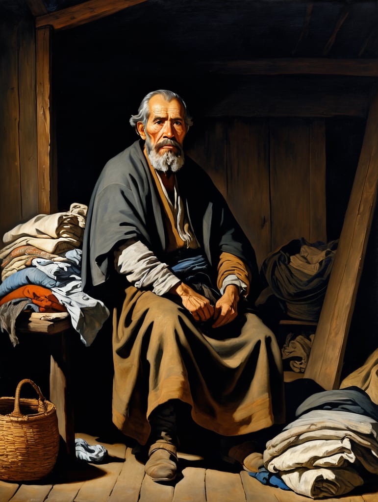 A masterpiece painting by Diego Velázquez, fullshot view of a bearded old man, suffering, lying on a pile of old clothes, surrounded by beautiful masterpiece paintings, in a poor wooden house, at very dark night at the shadows