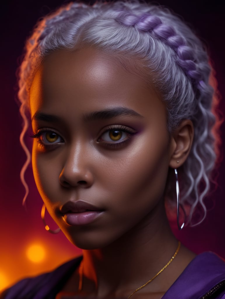 black girl on a purple background, yellow light reflection on her face, White brown hair using cell phone