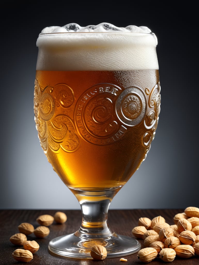 stunning interpretation of one pint of beer and small stainless steel plate with dry peanuts, beer swirl inside glass, one inch of white foam on top, transparent beer, frozen glass, advertisement, highly detailed