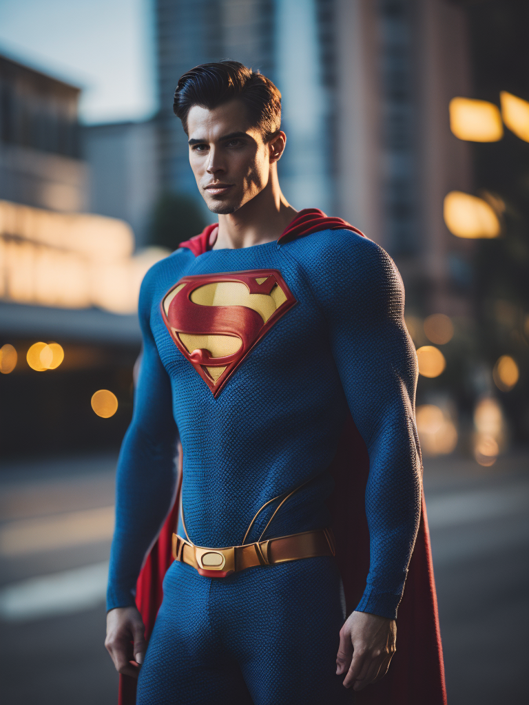Portrait of a superman in a knitted suit, a blue suit with a red and yellow superman logo on the chest, a city in the background, a blurred background, professional shot, bright saturated colors, sharp focus, highly detailed