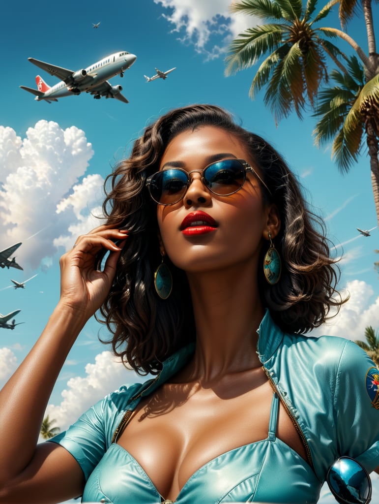 Pin up art, portrait, a black woman raised her head up, looks at the sky, sunglasses, one airplane flies in a clear sky and leaves a mark, summer, palms around, palms reflected on a sunglasses, turquoise shades, style by Gil Elvgren