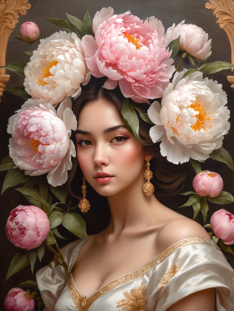 Beautiful girl with 5 big peonies dirty pink and white colors with a lot of petals in her head oil painting floral art still life baroque style golden hues fine art