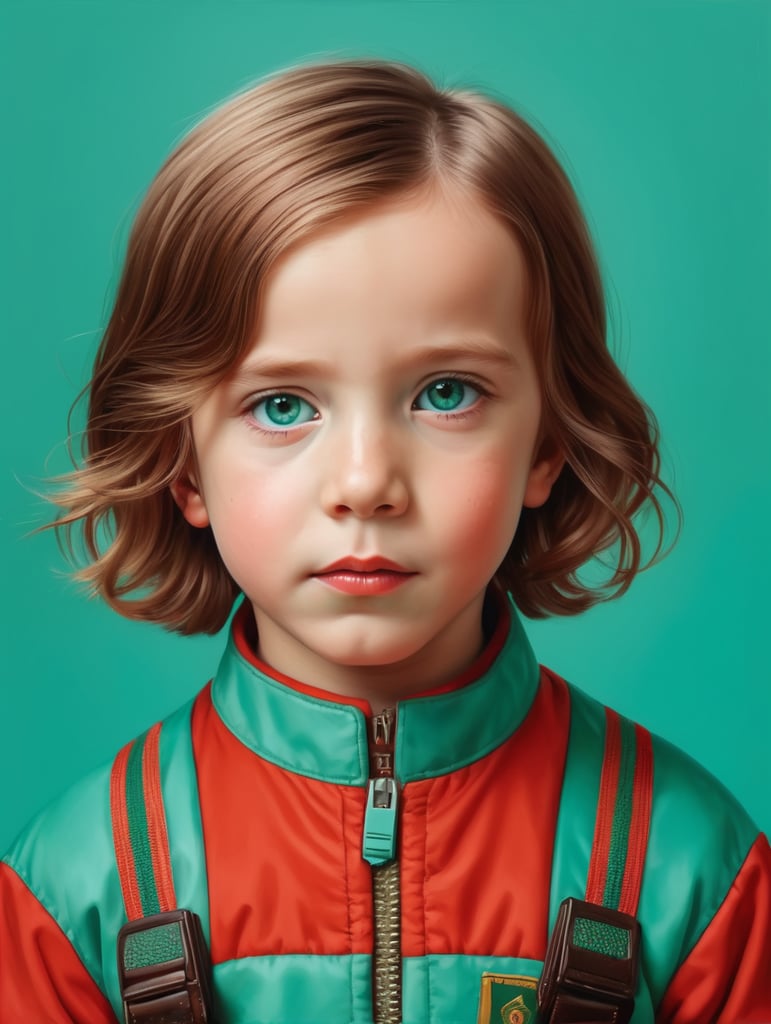 Portrait of child, half lenght, Wes Anderson style, Incredibly high detail, Bright colors, turquoise green and red colors,