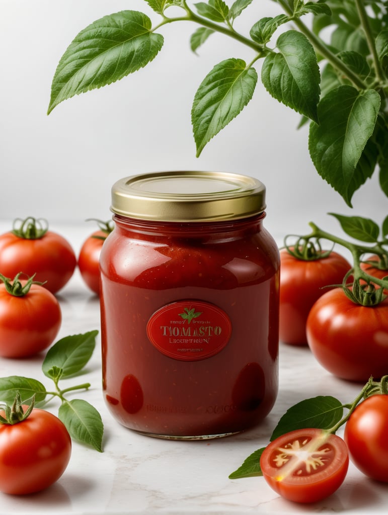tomato ketchup jar, red tomato with green leaves, isolated, white background, mockup