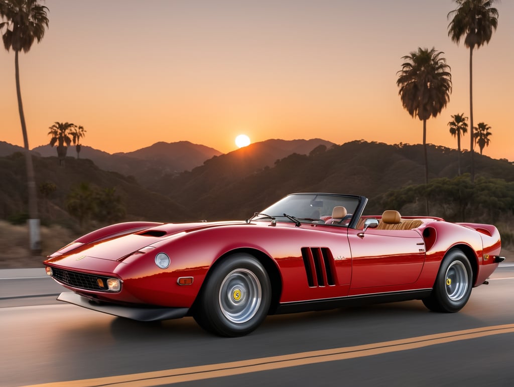 1969 red Ferrari GTO 1984 convertible speeding through Malibu in the sunset