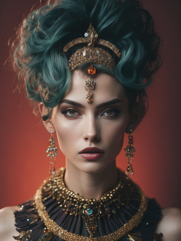 retrofuturistic massive huge jeweled necklace with huge diamonds and jewels on interplanetary interspecies male robot monster, horrific, terrifying, scary, mean. many spirder eyes, huge big jewel encrusted clothing, big pearls, precious gems. The set design is bold geometric patterns photographed by Romina Ressia, film still from wes Anderson, Gucci, Versace, givenchy, medium shot fashion, award winning photography, arty pose, fashion, diaphanous layered ultra haute couture, high definition, high resolution, bold vibrant colors , volumetric lighting, 8k, 3d render