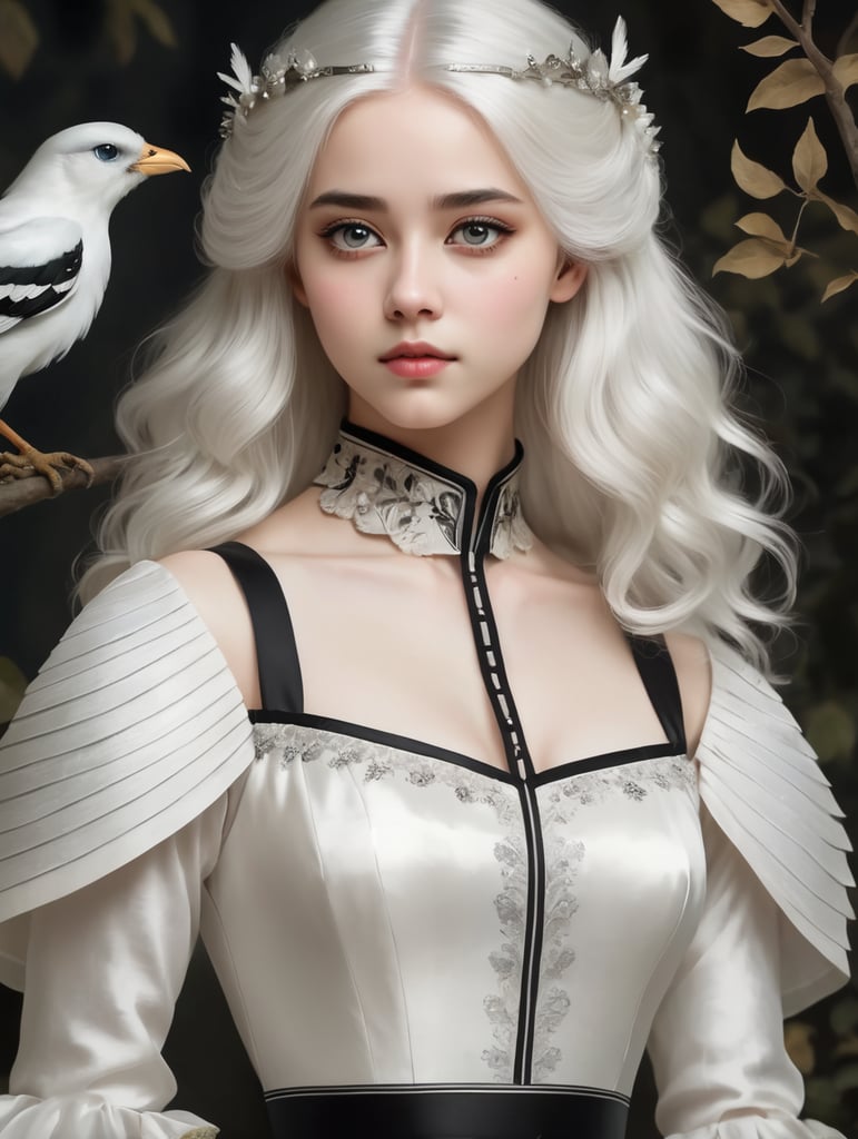 Beyaz saçlı beyaz elbiseli gözleri olmayan ama gözlerinde siyah bir şerit olan kuşlar prensesi bir genç kadın