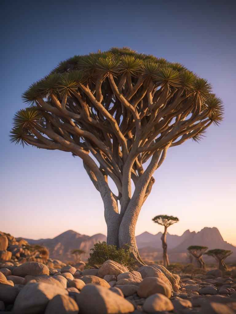 Dragon blood tree, savanna, sunset, Depth of field, Incredibly high detailed, stones, rocks, mountains on the horizon