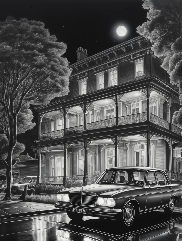 hand drawn in grey lead pencil detailed image of night refelctions on car side window of a man walking past , australian house