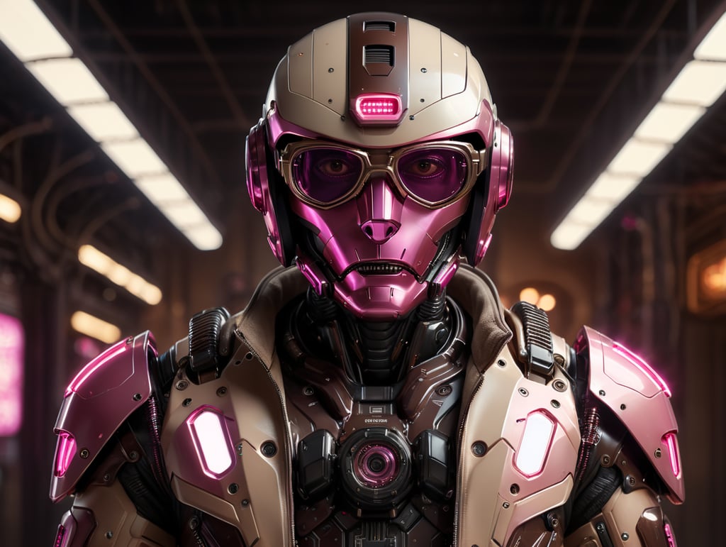 full body in front of a camera. A dark brown and pink robot in a helmet and eyeglasses in a beige jacket with neon lights, octane render, polished craftsmanship. scifi, wires, electric sparks, cyberpunk.