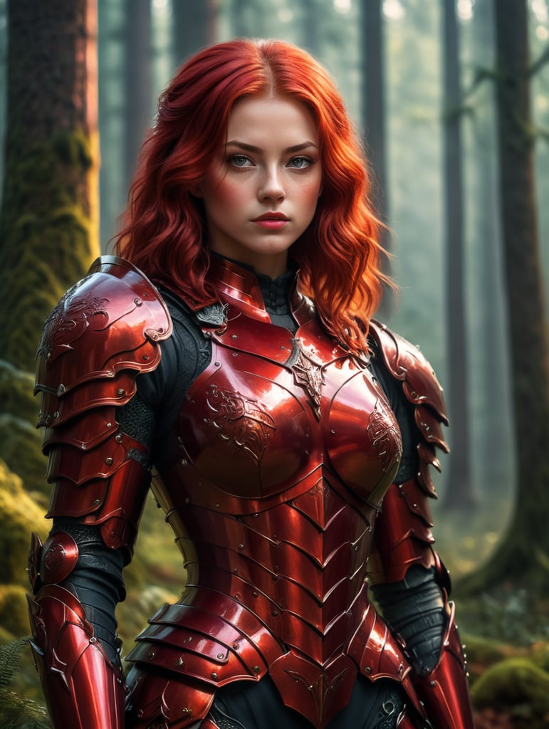 A young beautiful girl in red armor and red hair against the backdrop of a forest in red-burgundy tones, blurred background, focus on the girl, detailed armor, Dramatic Lighting, Depth of field, Incredibly high detailed