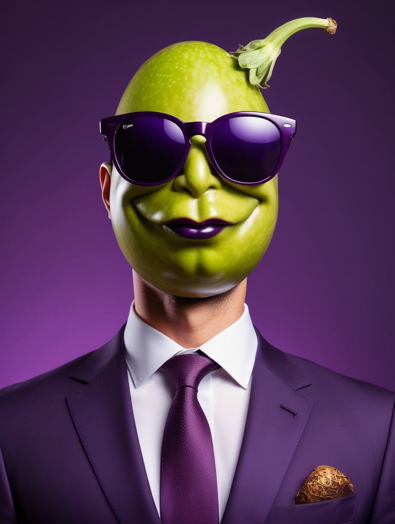 A man in a business suit with a eggplant for a head, dark purple background, sunglasses, isolated, style of James Bidgood