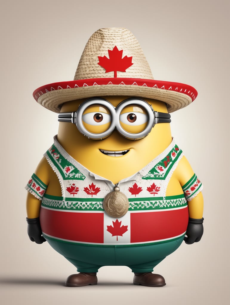 fat minion wearing a canadian shirt and a mexican hat