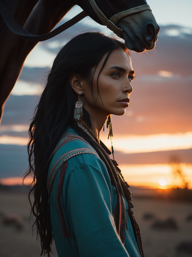 a native american princess with bright green eyes and incredibly long black hair, shown full-body with elegant clothing, turquoise necklace and earrings, feathers, shown at sunset with a gorgeous pink orange and teal sky, horses in the background, inspiring, lifelike accuracy