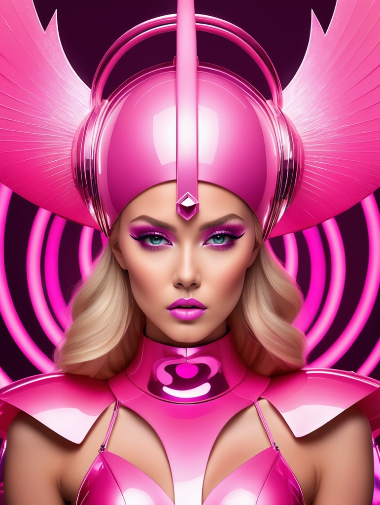 A beautiful blonde female pop artist all pink sleek futuristic outfit, with huge headpiece center piece, clean makeup, with depth of field, fantastical edgy and regal themed outfit, captured in vivid colors, embodying the essence of fantasy, minimalist