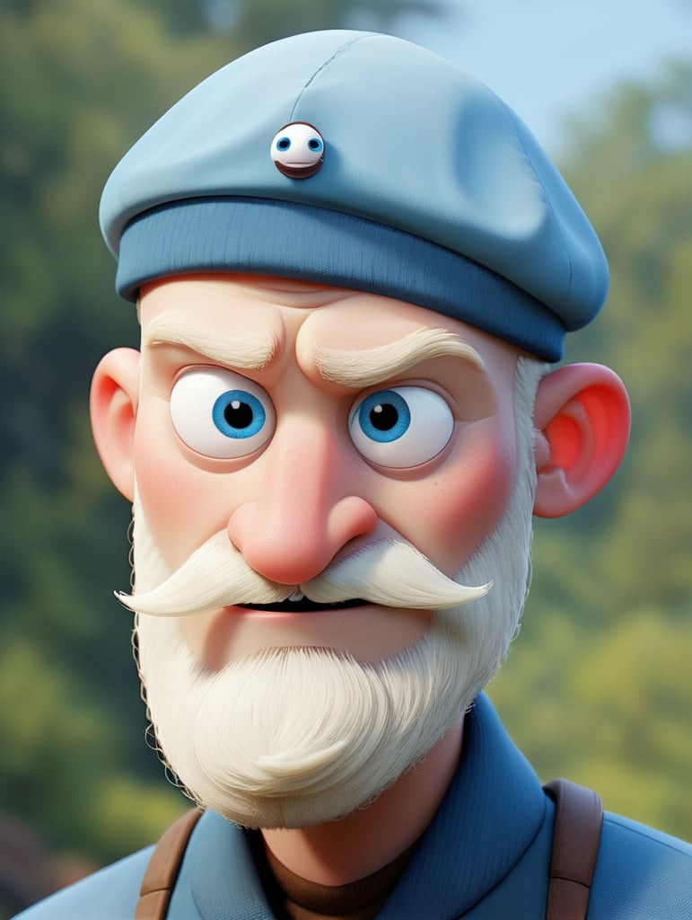 Albino man, blue eyes with a brown litle beard wearing a beret of the same beard color, square jaw shape