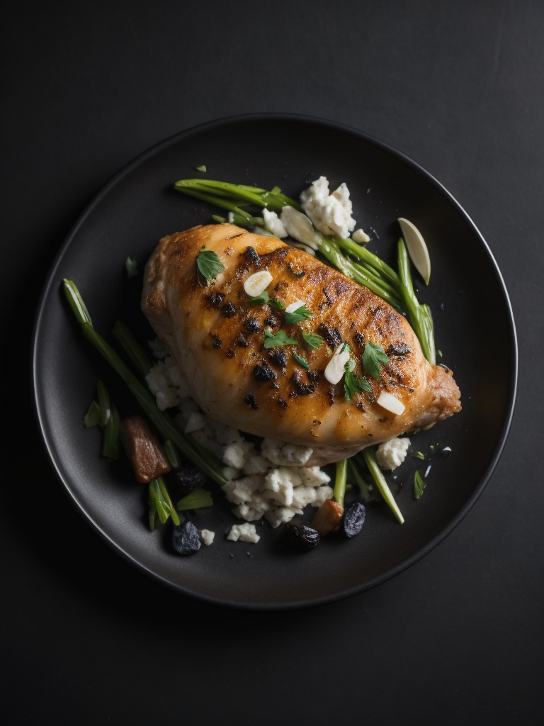 Chicken and Goat Cheese dish, photo, top view, dark plate, dark table