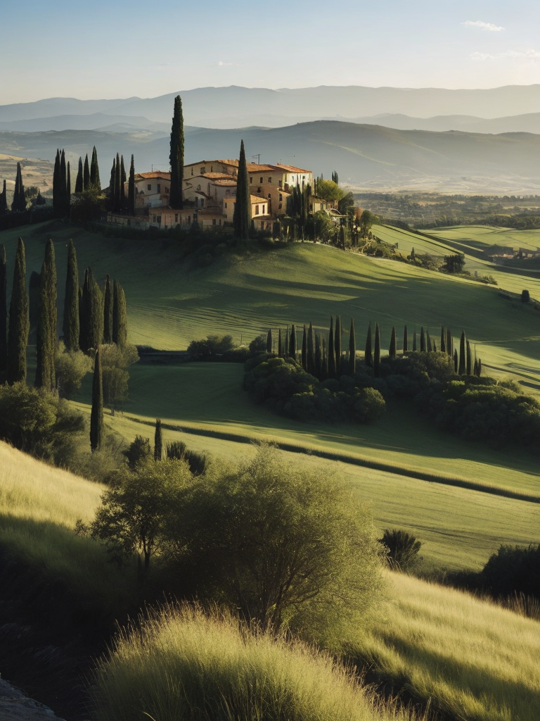 Italian landscape tuscany, photorealistic, serene, peaceful, majestic, high detail, landscape, ultra hd, matte painting, highly detailed, concept art, contrast light, deep colors