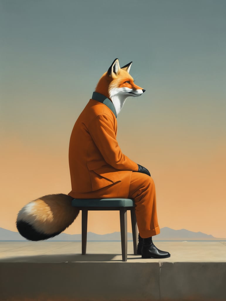 fox sitting on a chair looking to the horizon, illustration, painting, china, style of Liu Ye