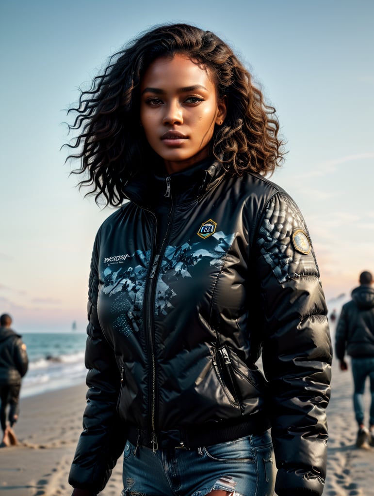black woman model walking on fashion beach runway wearing black puffer jacket with nothing changed print