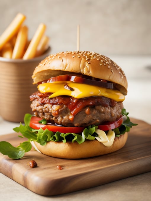 appetizing burger with beef, cheese, tomatoes, sala