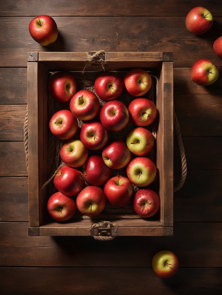 Top view. A brown wooden box filled with red apple, a box with thick rope handles, lies on a wooden table, studio lighting, the red apple have high-quality peel, Photo from above, top view, highly detailed photo, high quality photo, studio photo