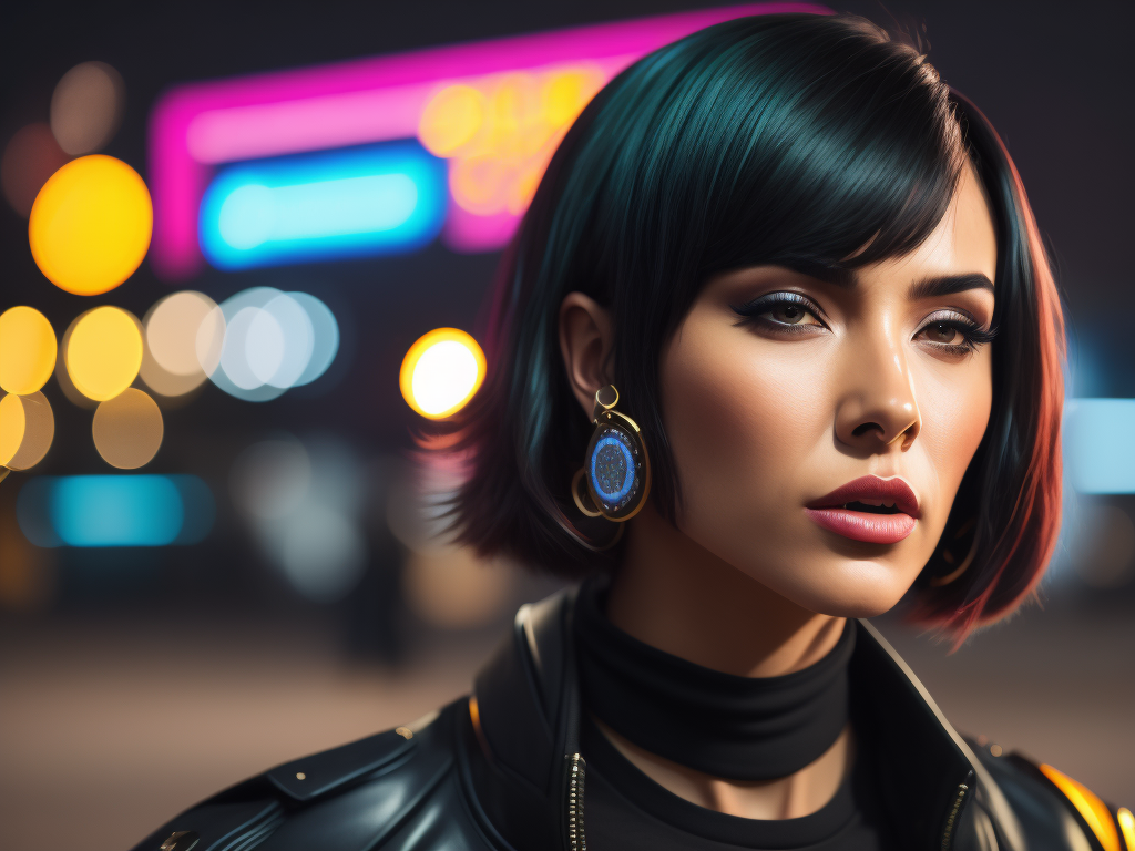 beautiful woman, medium shot, full color photography, very colorful colors in her face, very detailed, high resolution, very short straight hair, black hair, "inverted bob" hairstyle, dark street, colorful neon lights, backlight, synthwave style colors, out of focus cars in the background