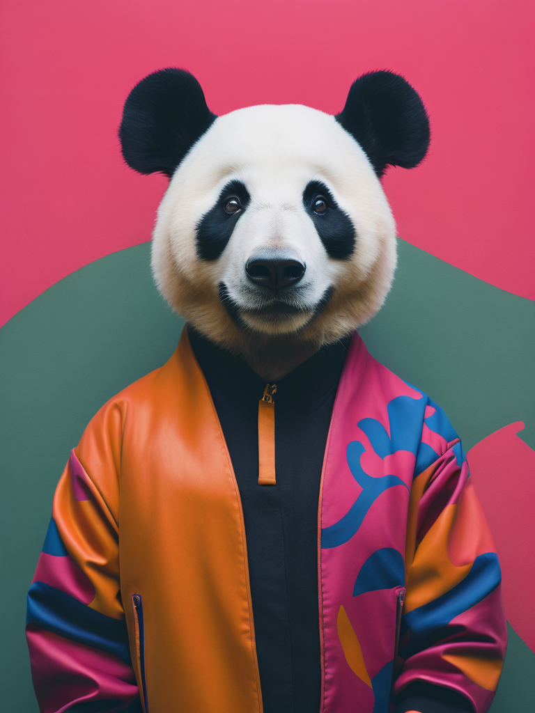 Portrait of a panda dressed in a colorful oversized jacket, Vivid saturated colors, Contrast color, studio photo, professional photo, Rich colors, Detailed image, detailed face
