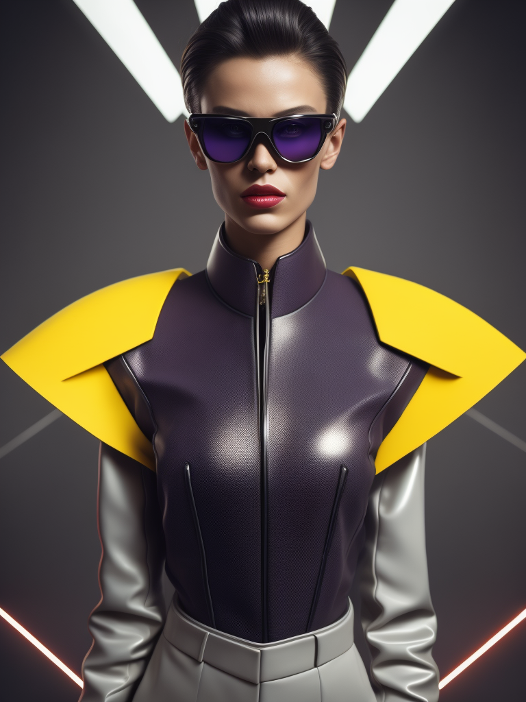 extremely detailed real photo with complex small details: thin beautifull super model in an elegant purple minimalistic suit couture, yellow details on uniform, clean grey color background, modern 1950's tight suit, wearing blow up sunglasses with futuristic see throug glass visor on top, hyper realistic, colored sharp lips, skin texture detailed, scifi, editorial fashion, Futuristic art, real person, futuristic fashion, sharp lines, light sources from above, cinematic lighting, smooth color grading, dynamic white, award winning photo, editorial photography, shot with PhaseOne camera