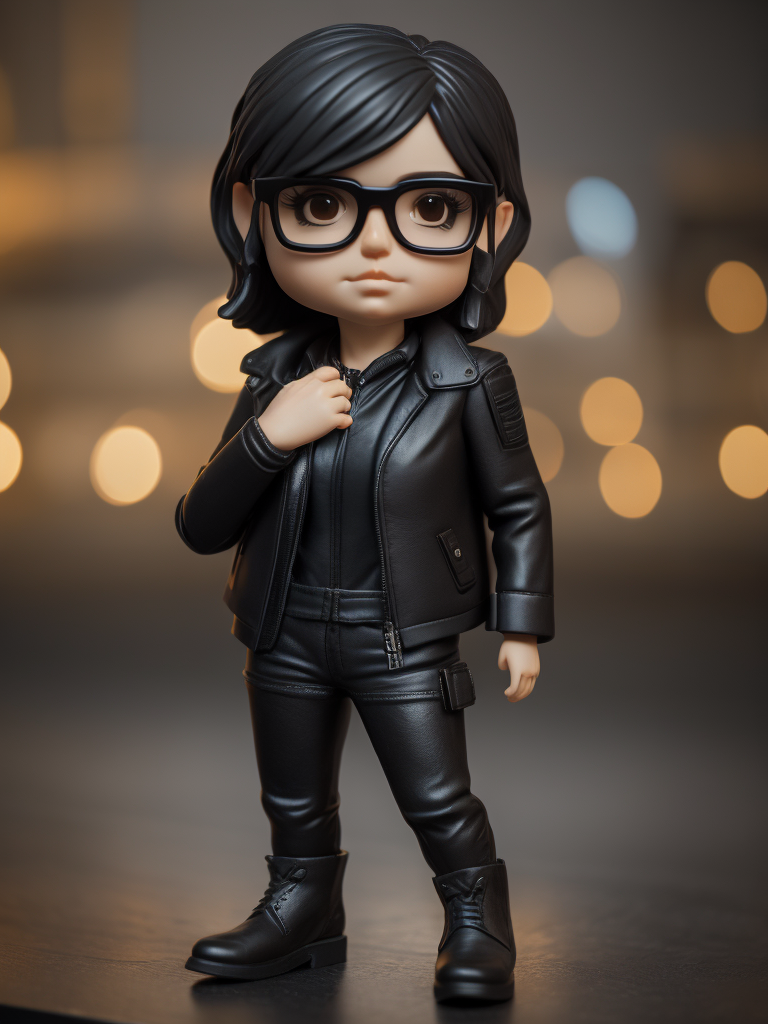 Full body Plastic figurine of a brutal chick, black glasses, leather jacket, black boots, 3d octane render, funko pop,