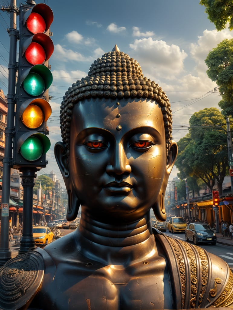 Create a statue of the Buddha sitting and in front of his eyes a traffic light in the foreground of the photo, representing visual management
