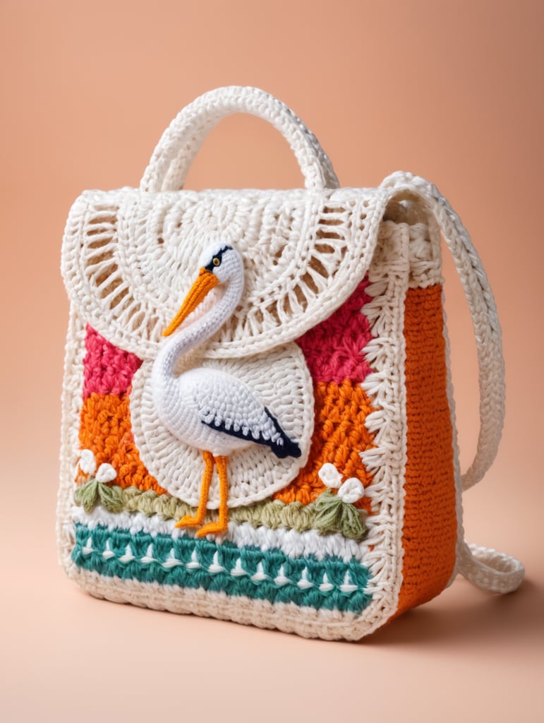 Crochet túi xách với hoạ tiết con cò trắng nền nhiều màu sắc