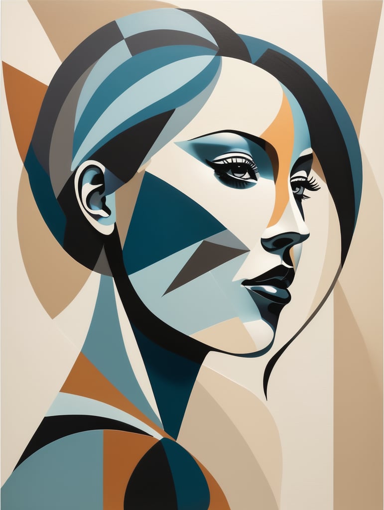 Create an abstract portrait of a woman, blending the flowing simplicity of a silhouette with the geometric fragmentation of Picasso's style. The figure is minimal yet expressive, defined by bold, sweeping lines and fragmented shapes that capture the essence of her form without full detail. The portrait combines smooth curves with sharp angles, playing with proportions and perspective to evoke a sense of emotion and depth. Elements of abstraction swirl around the silhouette, enhancing the dynamic tension between softness and sharpness, light and shadow. The result is a unique fusion of fluidity and geometry, creating a powerful, contemporary interpretation of femininity.