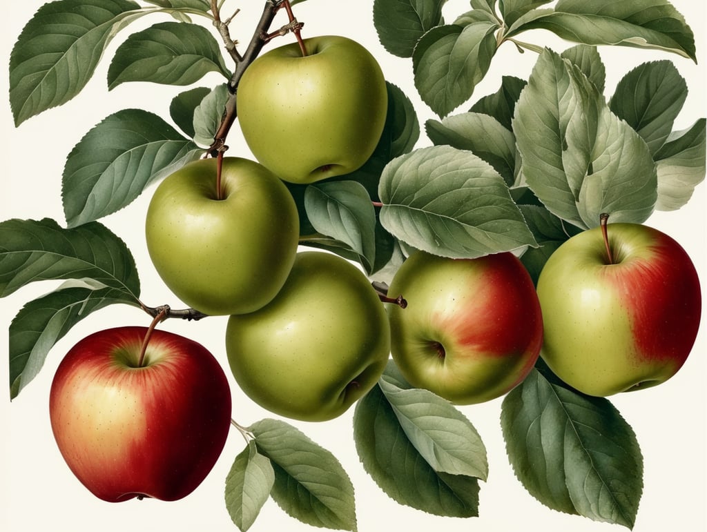 Botanical print. apples with leaves