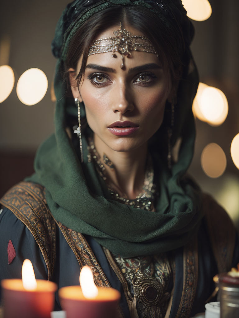 Portrait of a traditional gypsy woman wearing traditional costume with a green scarf on her head, in front of a table with a deck of cards and candles. Bright, saturated colors, elegant, highly detailed, fashion, fashion magazine, sharp focus, bright expressive makeup, dramatic lighting, shallow depth of field, incredibly high detailed blurred background, professional digital painting, concept art