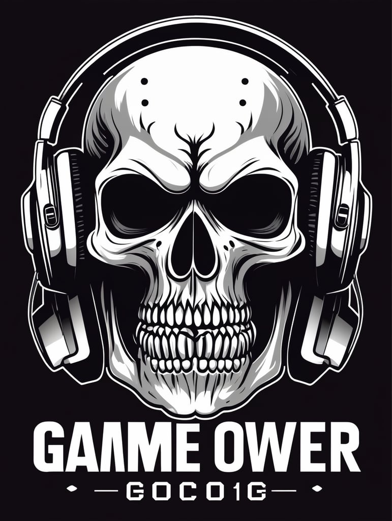 Black and white game over Skull Gaming Logo, vector illustration, vintage dead head or skull of gamer in headphones, vector image