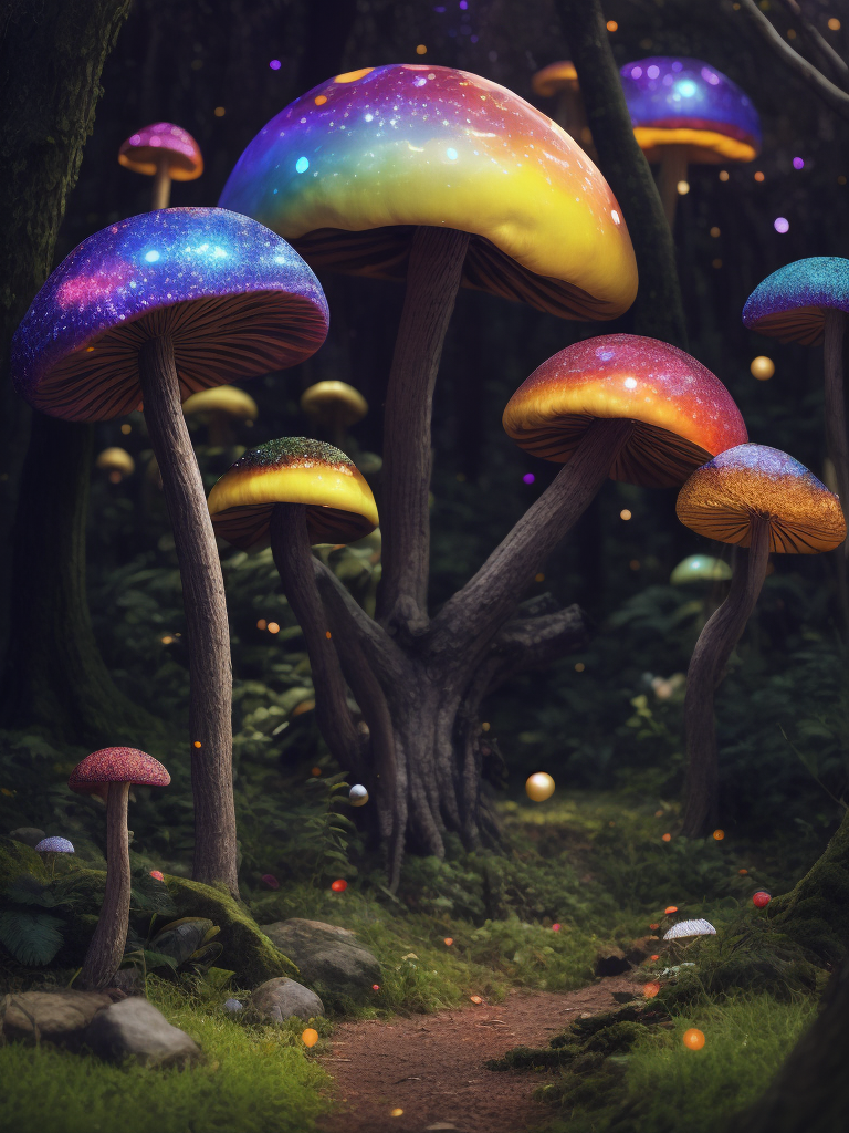42 mushrooms of various sorts growing under the trees of the fabulous dark mysterious forest. The caps of rainbow mushrooms are covered in glitter and glow from the inside in various acidic colors. Fantastic Poison Mushrooms grow at the foot of the tree. Fairytail style , photorealistic details and clear, sharp and colorful high-resolution picture. Lewis Carroll, Alice's Adventures in Wonderland style.