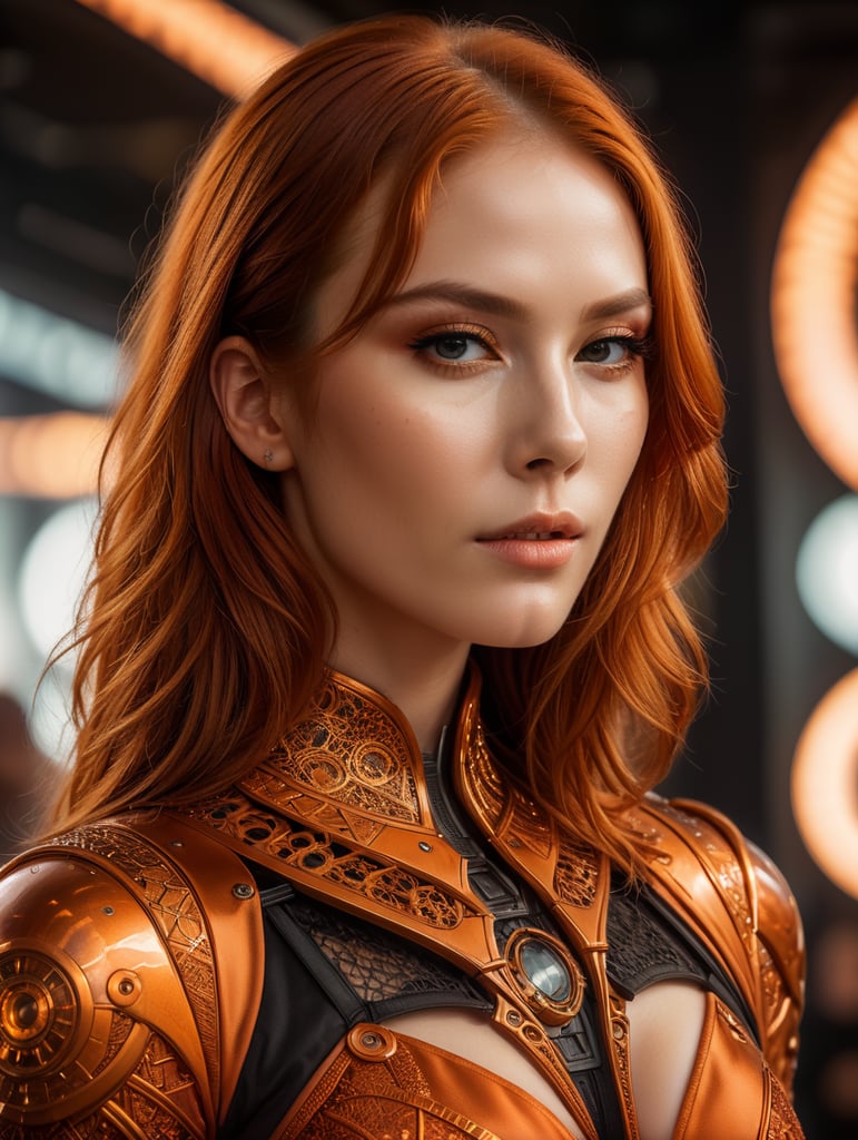 A beautiful redhead female artist all orange sleek futuristic outfit, with intricate patterns, details, design, clean makeup, with depth of field, fantastical edgy and regal themed outfit, captured in vivid colors, embodying the essence of fantasy, minimalist, film grain